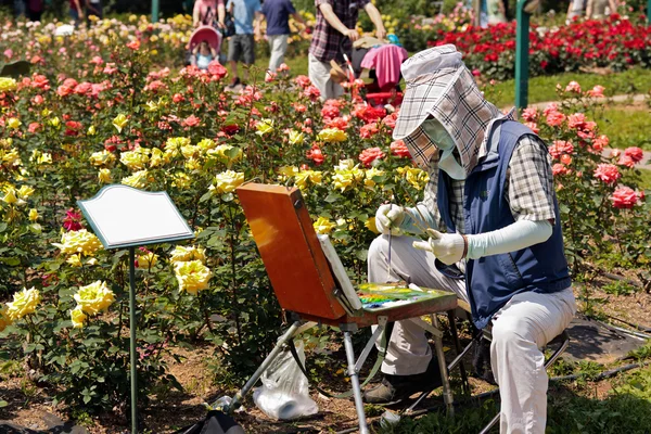 Artista al lavoro in un roseto — Foto Stock