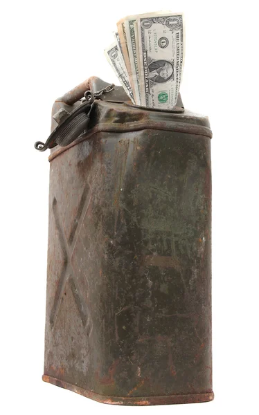 Vieux jerrycan avec billets en dollars — Photo