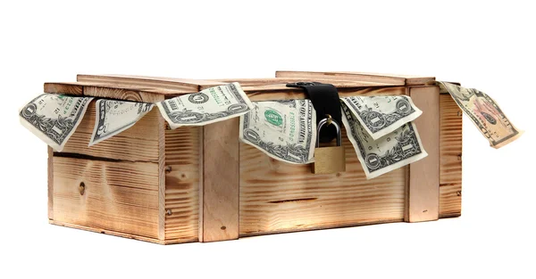 Caixa de madeira com notas de dólar com cadeado — Fotografia de Stock