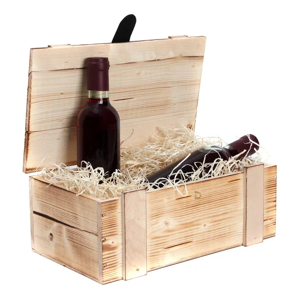 Caixa de madeira com duas garrafas de vinho tinto — Fotografia de Stock