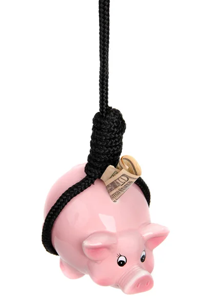 Piggy bank with dollar banknote and black rope — Stock Photo, Image