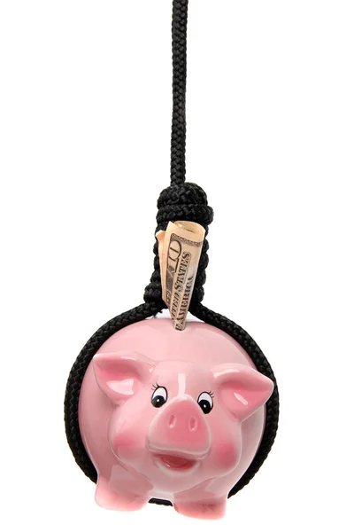 Pink piggy bank with dollar and black gibbet — Stock Photo, Image