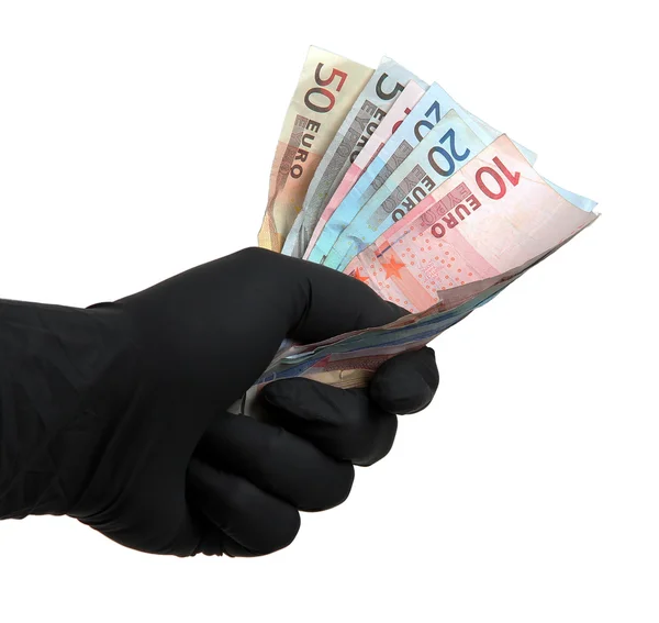 Černé rukavice s evropskými bankovek — Stock fotografie