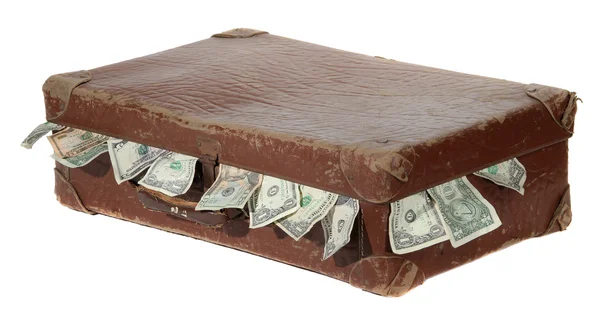 与美元的旧褐色手提箱 — 图库照片