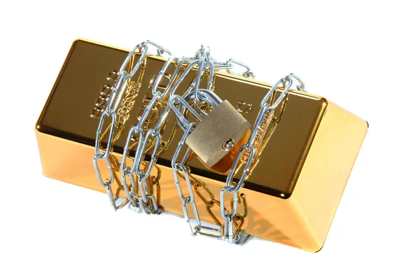 Gold bullion protected with chain and padlock — Stock Photo, Image