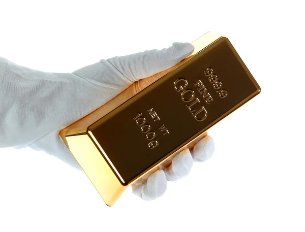 Gold bar in hand with white glove — Stock Photo, Image