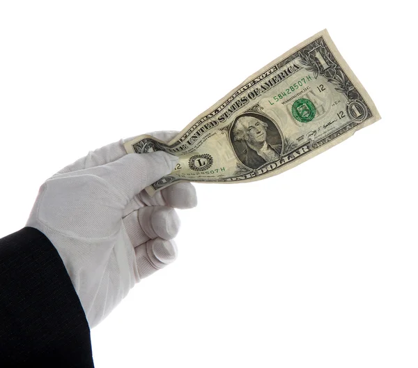 Dollar note in hand with white glove — Stock Photo, Image