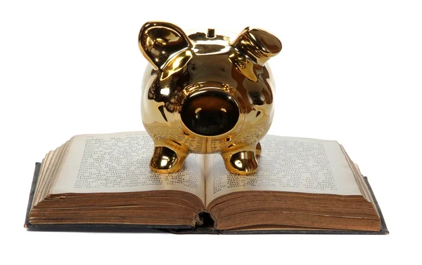 Old book with golden piggy bank — Stock Photo, Image