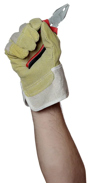 Handyman with working glove holding a pincers — Stock Photo, Image