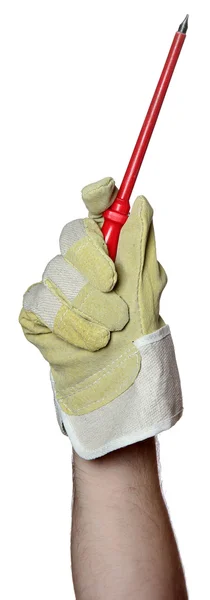Handyman med arbete handsken håller en skruvmejsel — Stockfoto