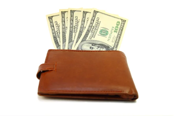 Бумажник с долларами на белом фоне — стоковое фото