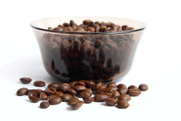 Kaffebönor på en maträtt på en vit bakgrund — Stockfoto