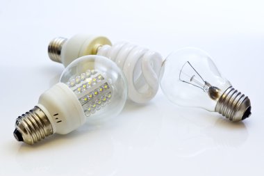 Different types of bulbs E27 (Fluorescent, Wolfram, LEDs) clipart