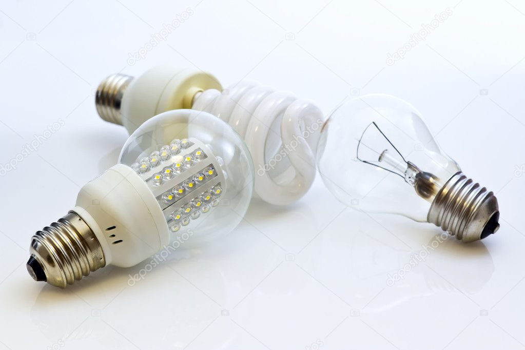 Different types of bulbs E27 (Fluorescent, Wolfram, LEDs)