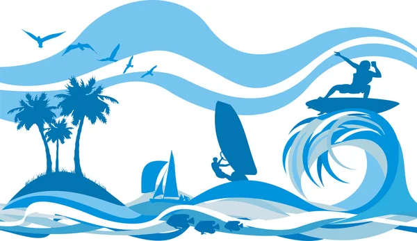Sur la vague - sports nautiques et loisirs — Image vectorielle