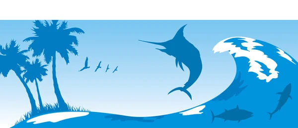 Κύματα, Μάρλιν και τροπικό νησί - banner — Διανυσματικό Αρχείο