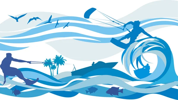 Esportes aquáticos - kite surf, esqui aquático, jet — Vetor de Stock