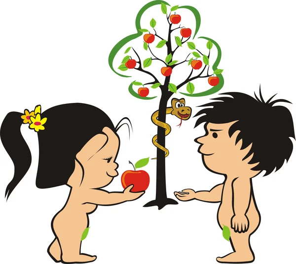 Adão, Eva e cobra, no jardim do Éden —  Vetores de Stock