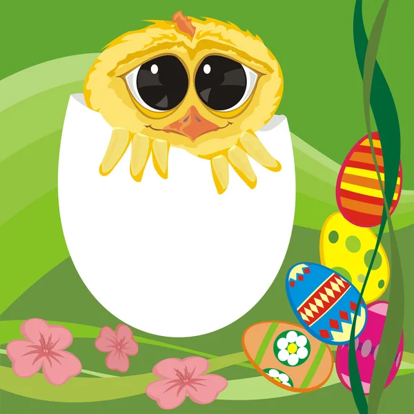 Páscoa feliz - pintinho e ovos —  Vetores de Stock