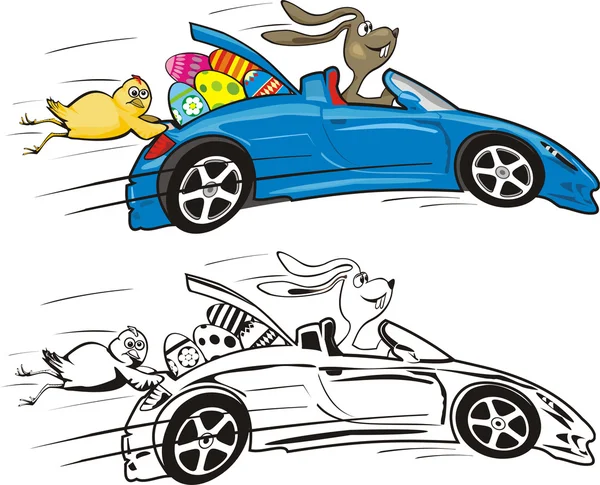 Пасхальний кролик і його машина - щасливий Великдень — стоковий вектор