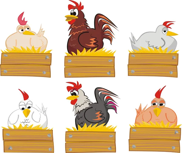 Hen and cock on straw nest — Stock Vector