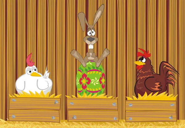 Easter rabbit in the henhouse — Stock Vector