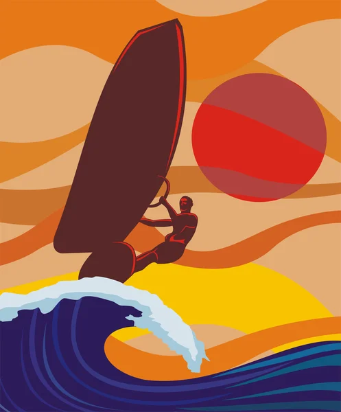 Na onda - windsurf — Vetor de Stock