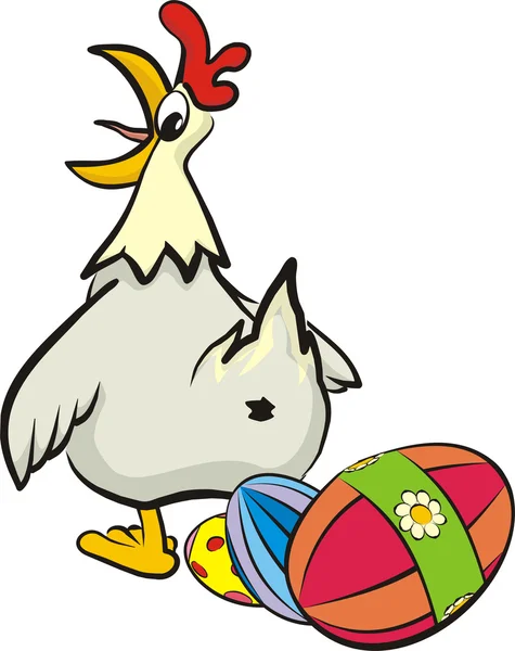 La gallina sorprendida y sus huevos de Pascua — Vector de stock