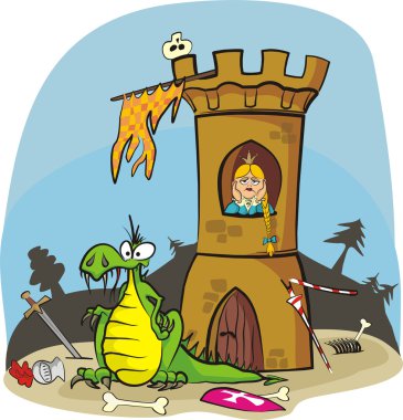 Dragon and princess in tower clipart