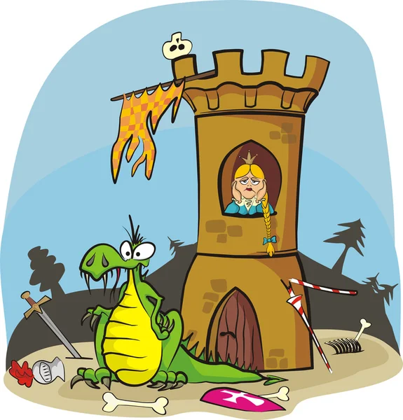 Dragão e princesa na torre — Vetor de Stock