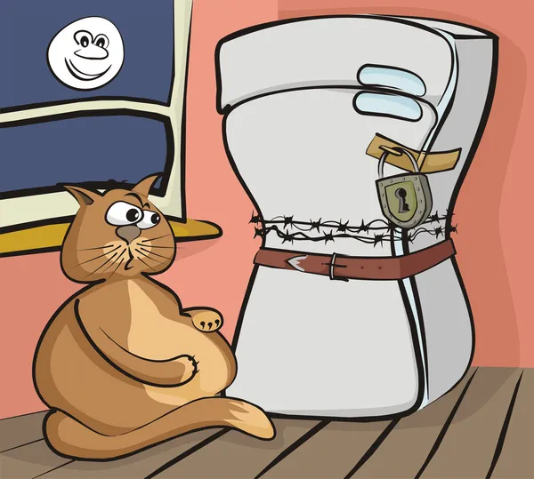 Obur Kedi ve kilitli buzdolabı — Stok Vektör