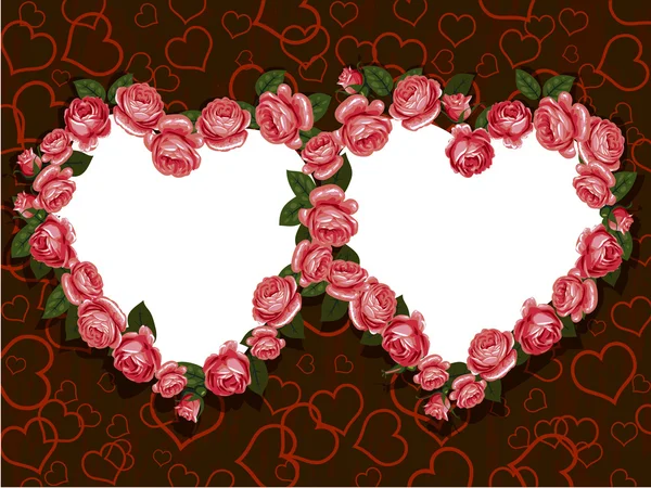 Rose Blumen zwei Herzen Rahmen Muster — Stockvektor