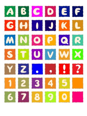 Cartoon alphabet on square colored paper ABC font clipart