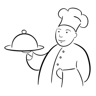 Chef cook with tray calligraphy drawing clipart