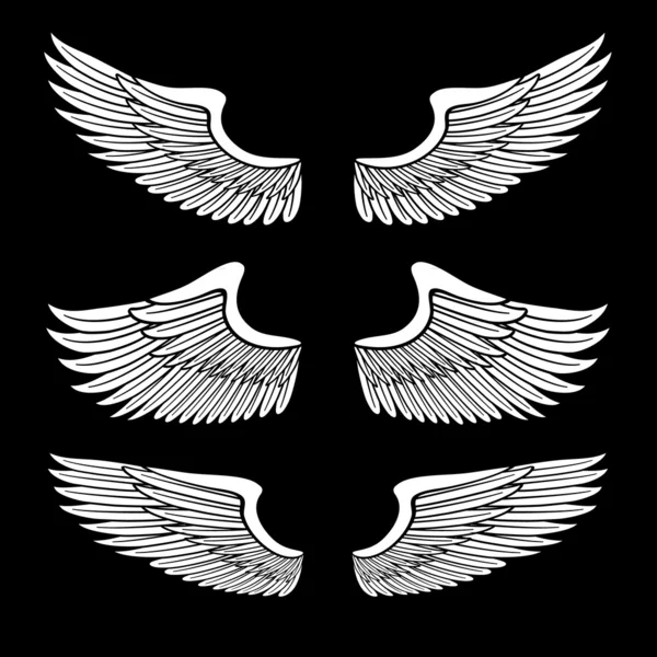 Blanco ángel alas conjunto aislado en negro — Vector de stock