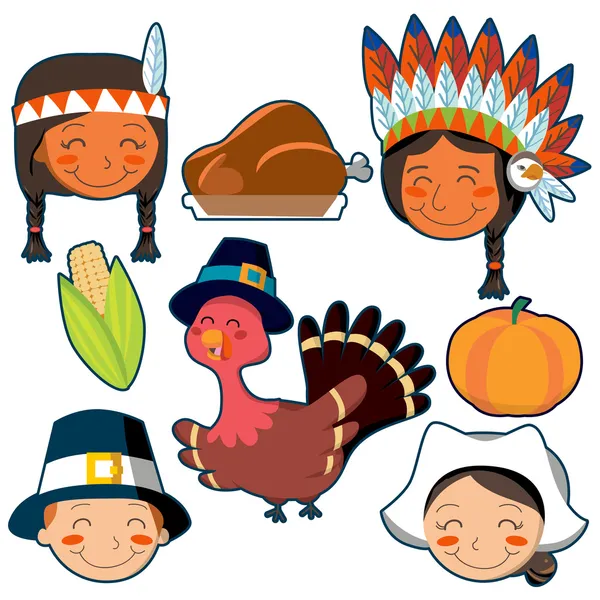 Thanksgiving day gezichten en elementen instellen — Stockvector