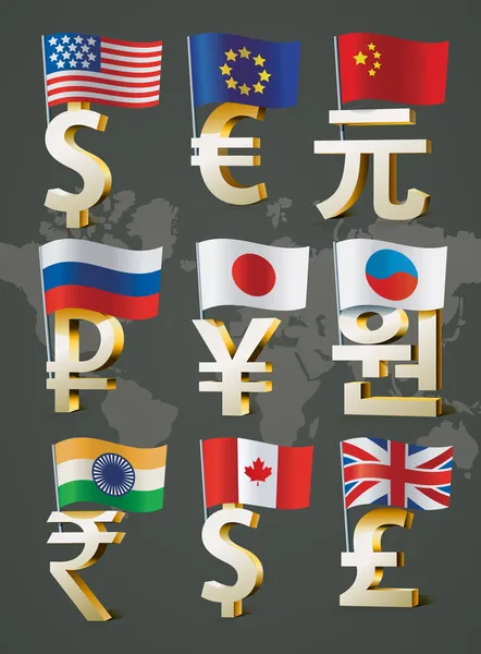 Segni dorati delle valute mondiali . — Vettoriale Stock