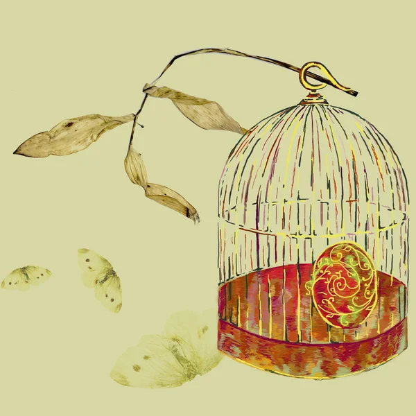 Oude vogel cage een achtergrond met oude bloemblaadjes — Stockfoto