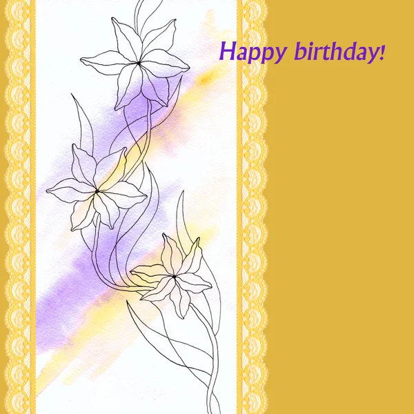 Tarjeta amarilla feliz cumpleaños con flores y cintas — Foto de Stock