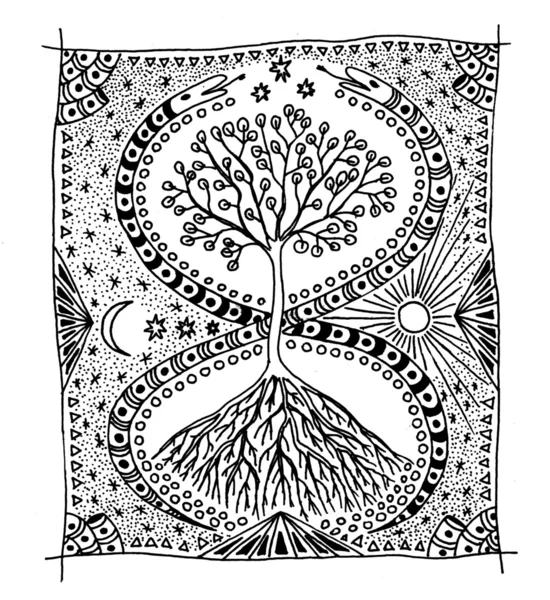 Baum des Lebens und zwei Schlangen. durchbrochene handgefertigte Zeichnung grafisches Bild. Pixelgrafik. — Stockfoto