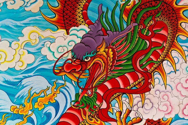 Dipinto drago rosso fuoco nel tempio cinese — Foto Stock