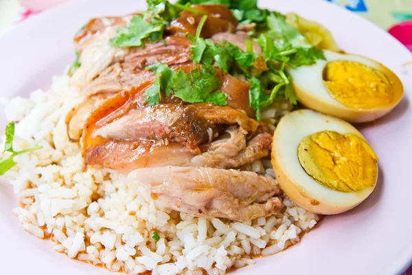 Stewed pork with cooked rice and egg — Stock Photo, Image