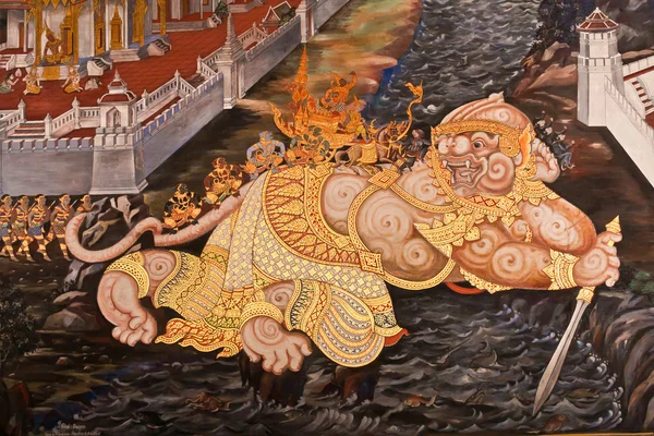 Obra maestra Ramayana pintura en templo en Tailandia —  Fotos de Stock