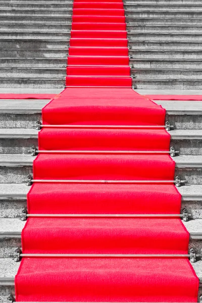 stock image Red carpet way on black and white staircase