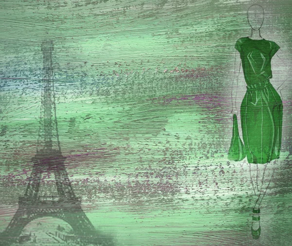 与女人和巴黎的绿色背景 — 图库照片
