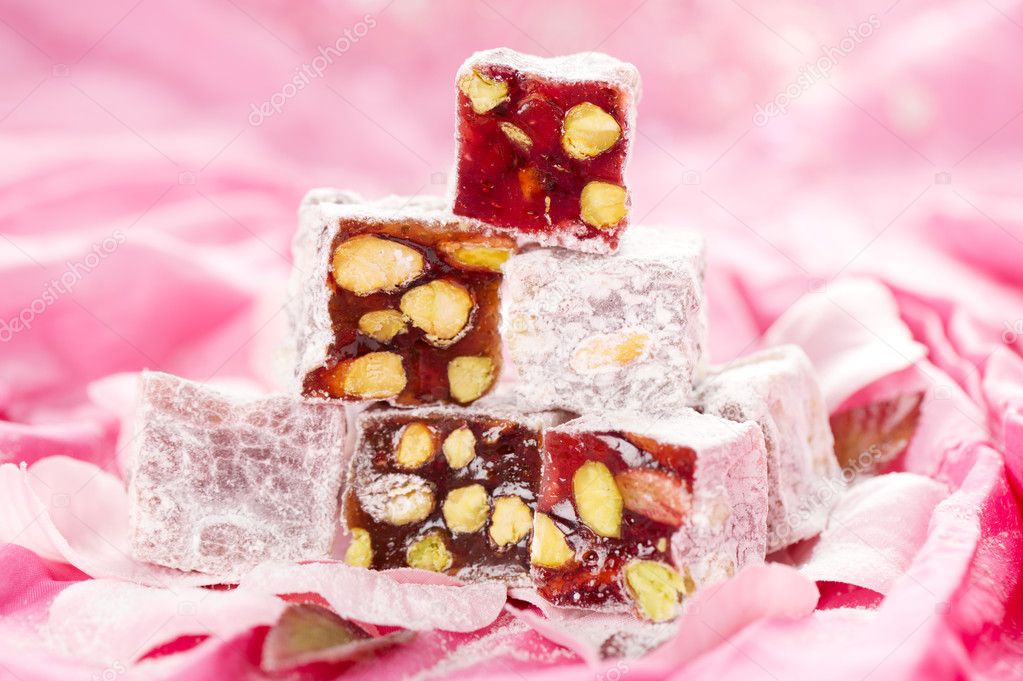 Turkish delight with pistachios nut in glitter pink and rose pe