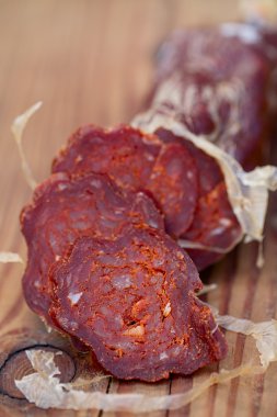 Spanish fine jamon chorizo sausage, shallow dof clipart