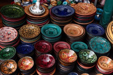 Decorated plates and traditional morocco souvenirs in medina so clipart