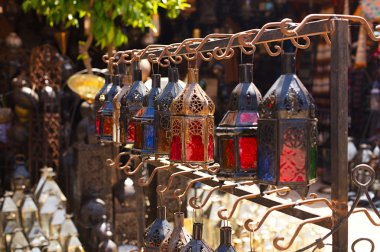 Moroccan glass and metal lanterns lamps in Marrakesh souq clipart