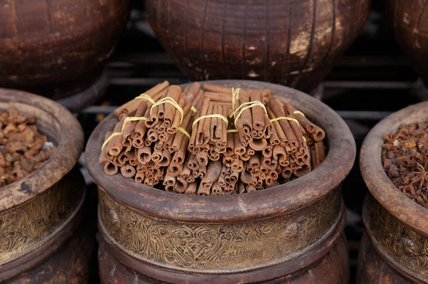 Dried cinnamon spices in the Marrakesh street shop — Stock Photo, Image